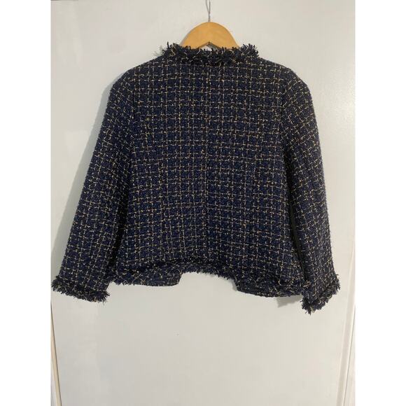 Puzuo tweed blazer jacket women’s size S navy gold metallic wool blend fringe - Picture 3 of 5